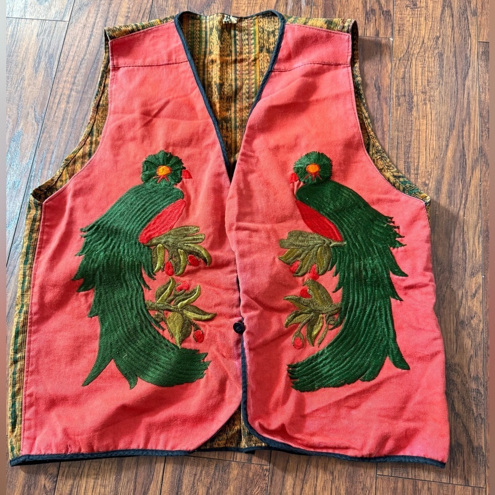 Vintage Handmade Embroidered Woven Guatemalan Cotton Vest Bird Floral | Size XL